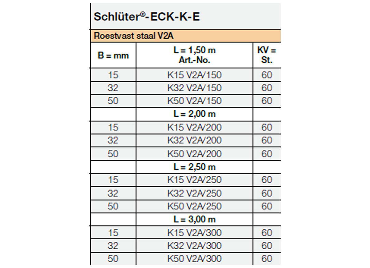 SCHLUTER ECK-K-E 2,0M PROFILE D''ANGLE COLLABLE B=50MM